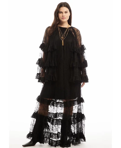 June + Vie Women's Tiered Lace Cape Maxi Dress