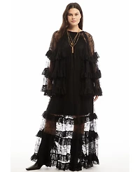 June + Vie Women's Tiered Lace Cape Maxi Dress