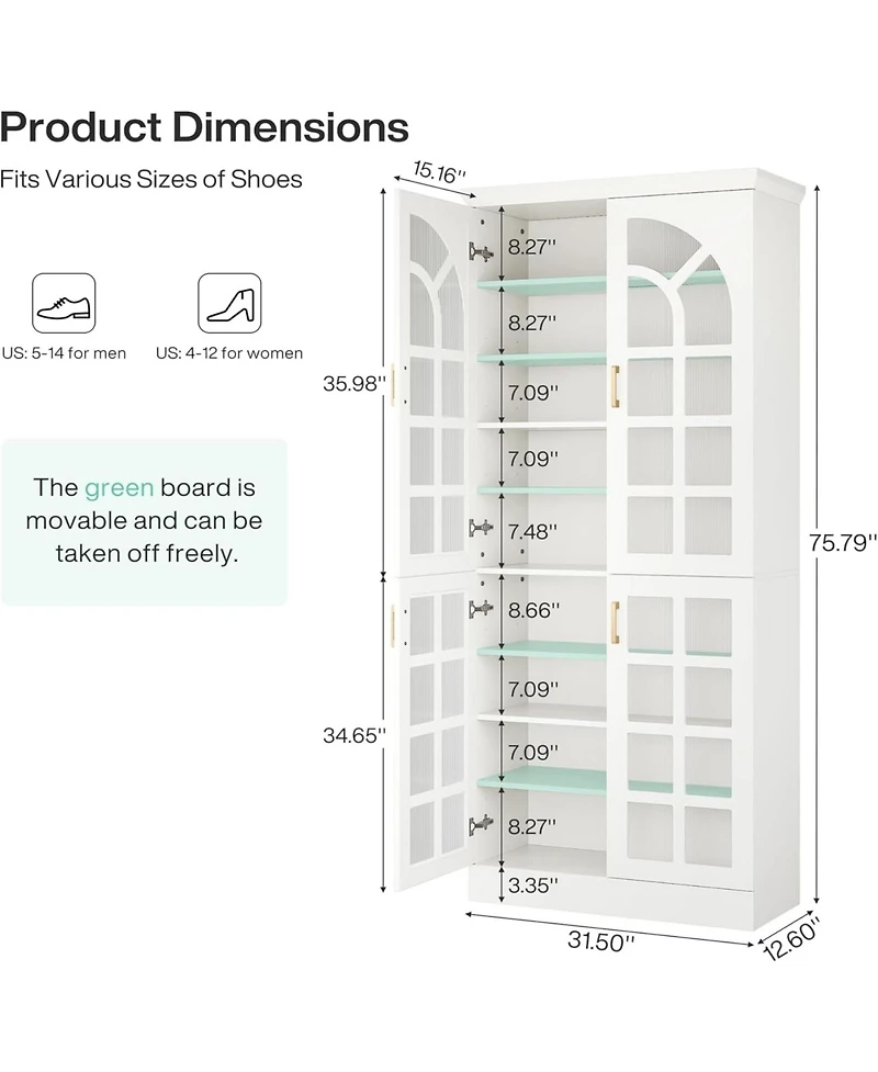 Tribesigns 76" Tall Shoe Cabinet with Doors and Led Lights, 9-Tier Wooden Shoe Rack Organizer with Adjustable Shelves