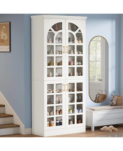 Tribesigns 76" Tall Shoe Cabinet with Doors and Led Lights, 9-Tier Wooden Shoe Rack Organizer with Adjustable Shelves