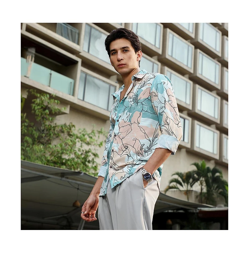 Campus Sutra Men's Botanical-Outline Imprint Shirt