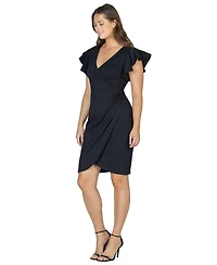24seven Comfort Apparel Petite V-Neck Ruffle Sleeve Knee Length Dress