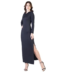 24seven Comfort Apparel Petite Long Sleeve Side Slit Fitted Maxi Dress