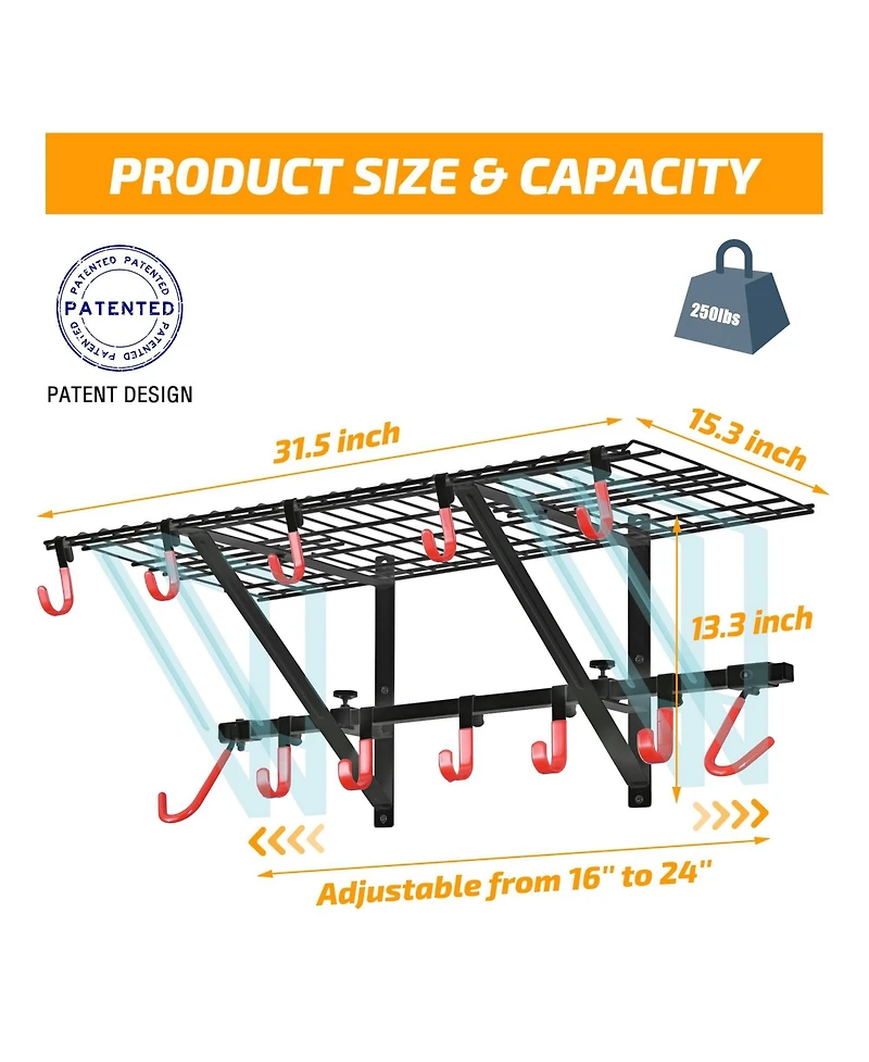 Mythinglogic Patented 250 lbs Heavy-Duty Adjustable 16–24" Garage Wall Storage Rack, Multi-Hook Organizer