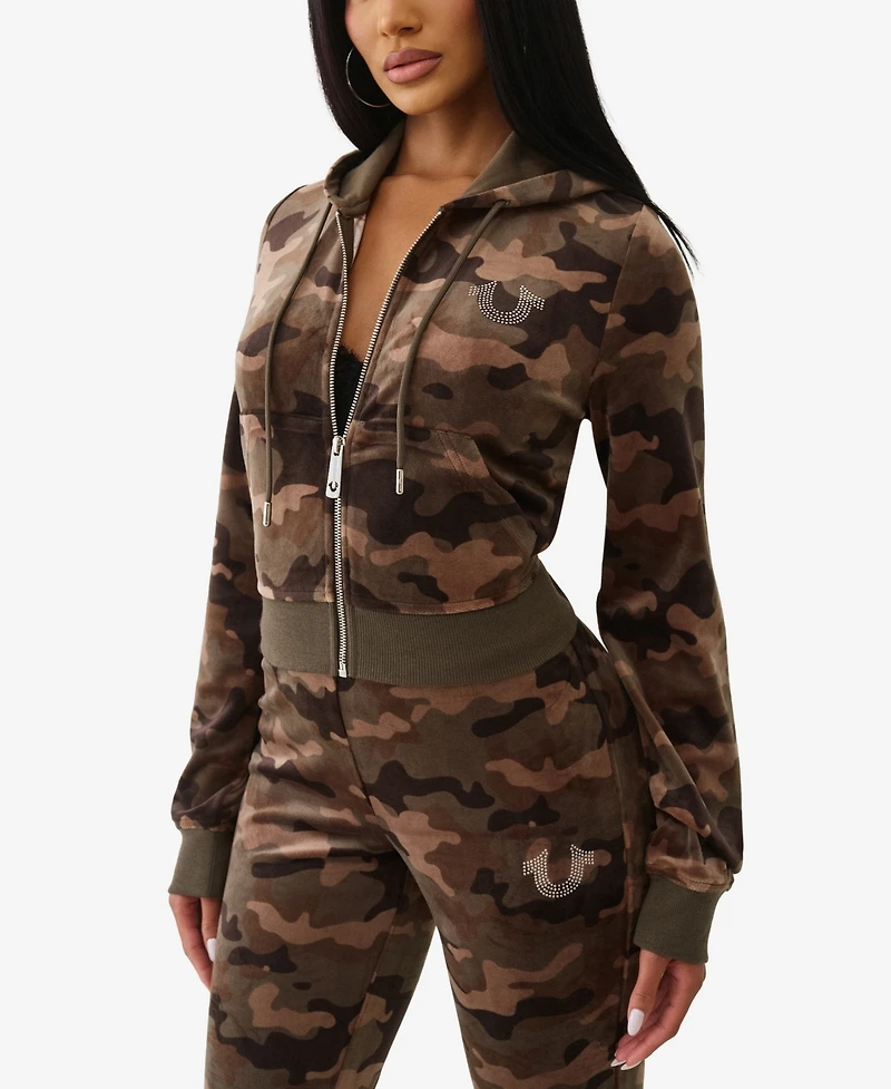 True Religion Women's Camo Velour Shrunken Hoodie