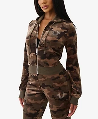 True Religion Women's Camo Velour Shrunken Hoodie