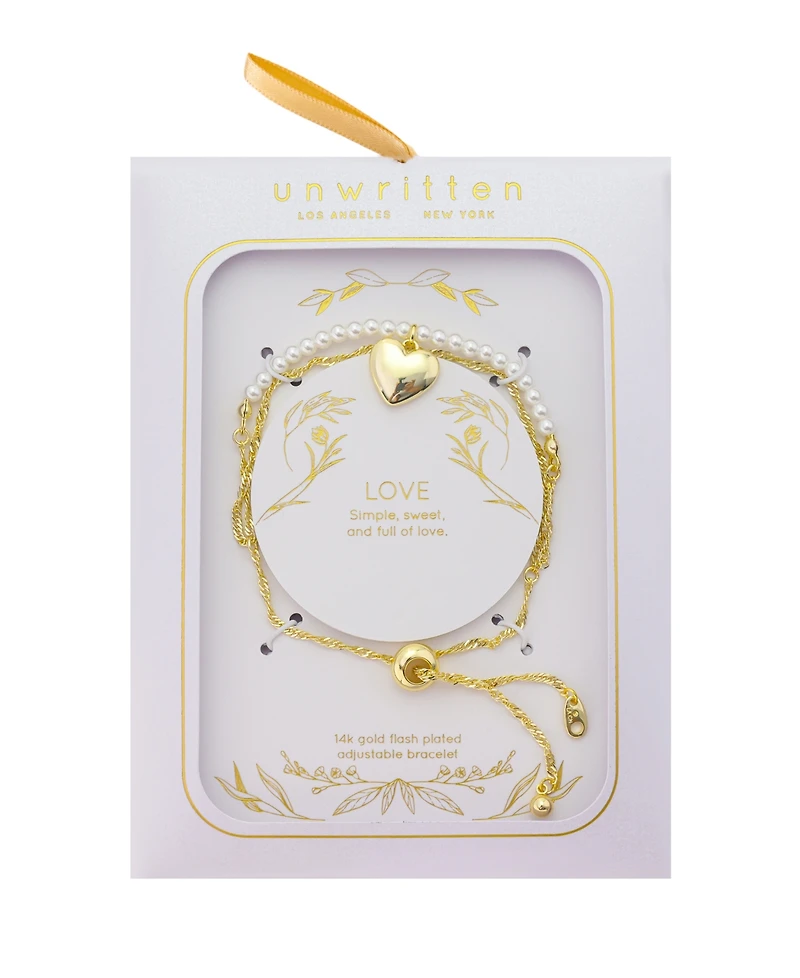 Gold heart glass pearls beads twist chain double strand bolo bracelet