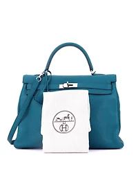 Pre-Owned Hermes Kelly 35 Handbag Blue Clemence with Palladium Hardware