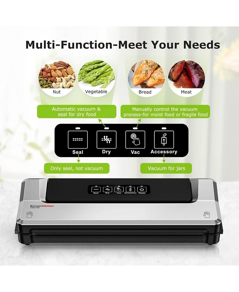 Bonsaii Bonsenkitchen Compact Vacuum Sealer, Fast Multi-Functional Food Saver with 20 Bags, 2 Rolls & Hose, High-Speed Continuous Use, Silver
