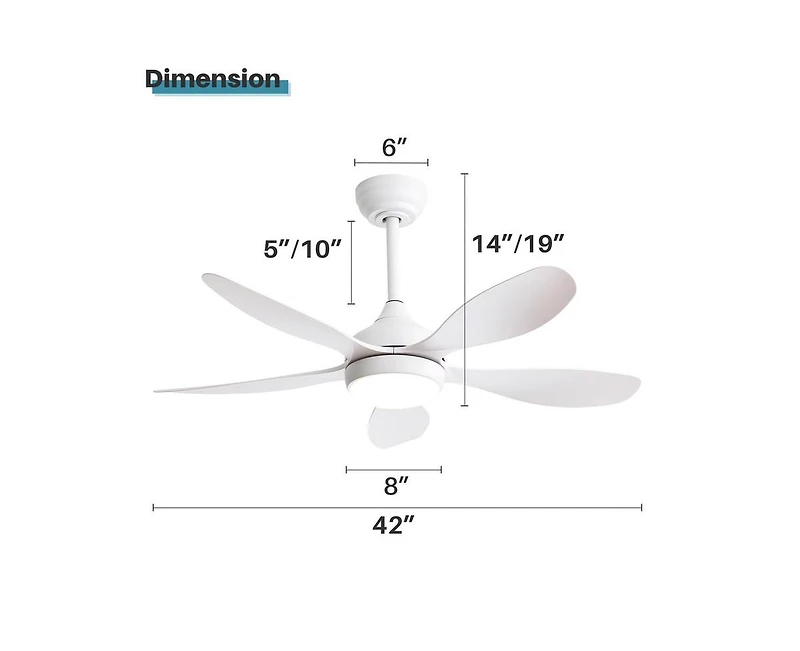 Sofucor 42-inch Matte White 5-Blade 6-Speed Adjustable Led Ceiling Fan Light with Remote Control