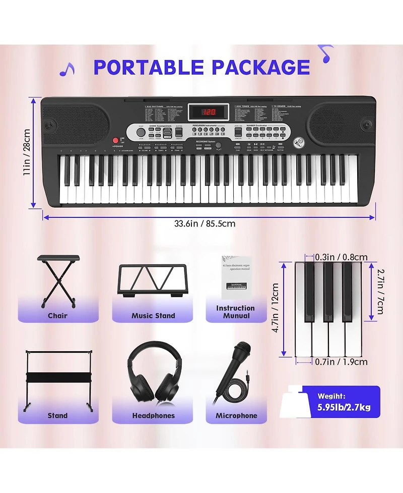 Sugift 61-Key Electronic Keyboard Piano with Lighted Keys, Teaching Modes, Headphones, Stand