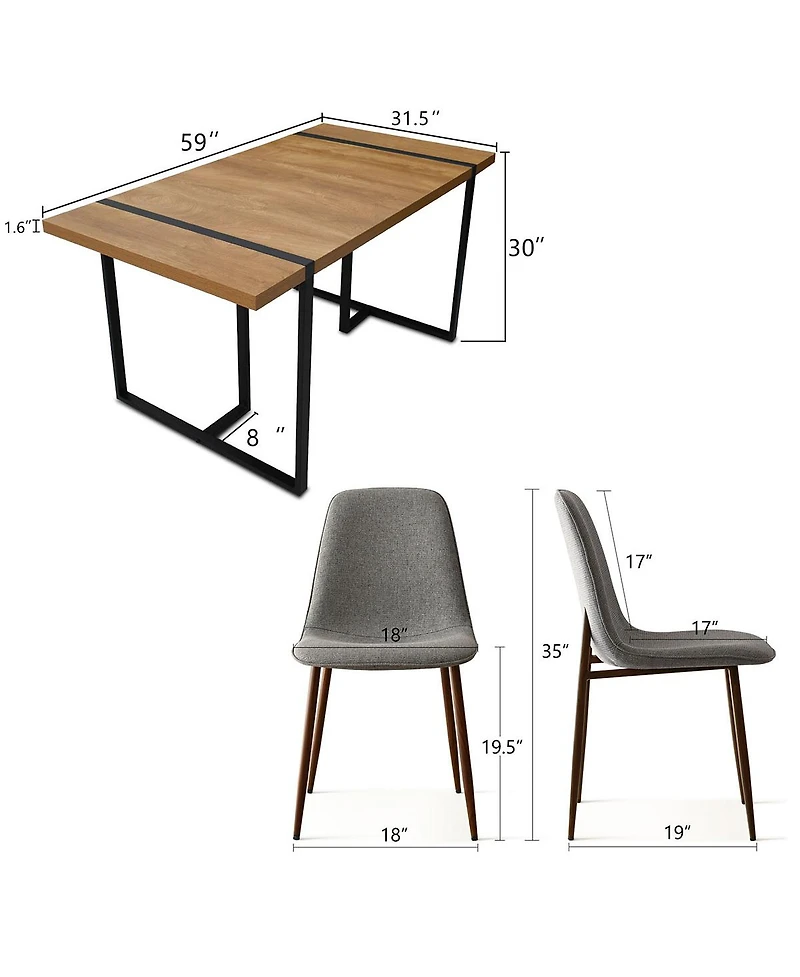 5-Piece Dining Table Set, 59'' Rectangular Mdf Wood Top with Metal Frame and Upholstered Chairs for Kitchen or Apartment-Maison Boucle
