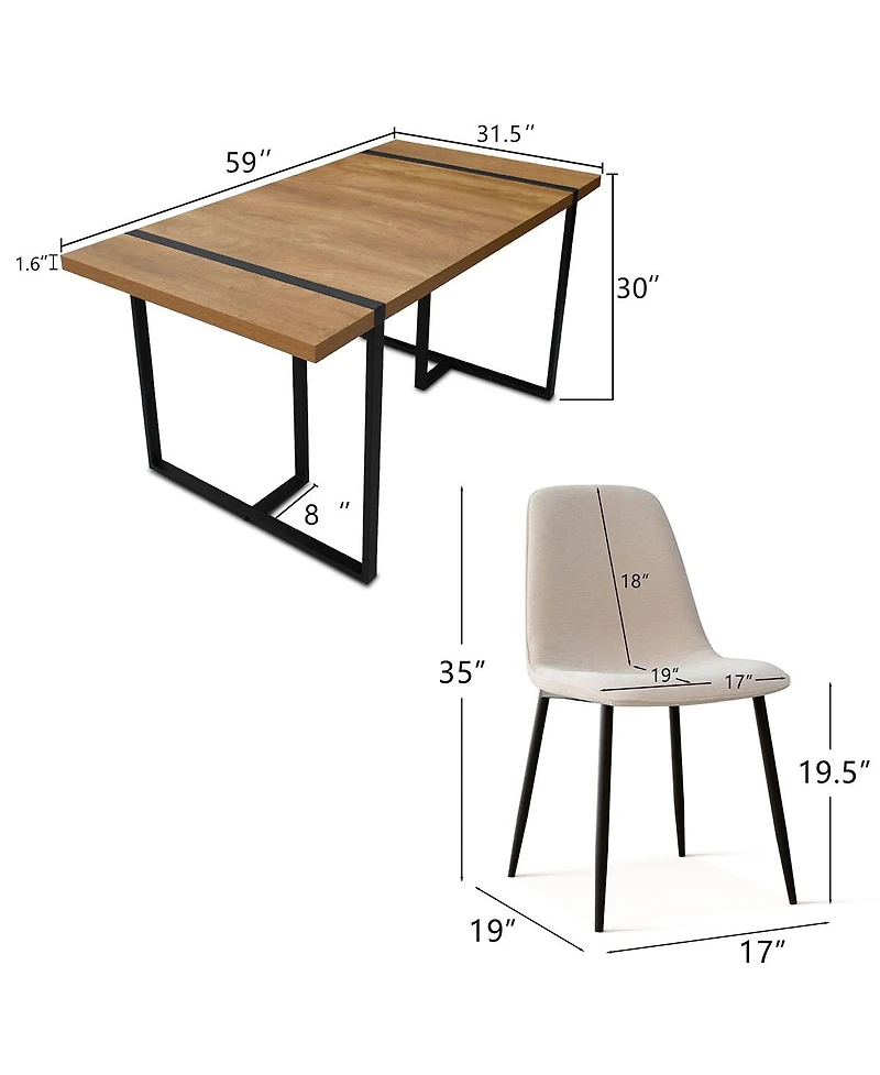 5-Piece Dining Table Set with 59'' Mdf Table, Rectangular Wood-Look Top and Black Metal Legs 4 Upholstered Chairs-Maison Boucle