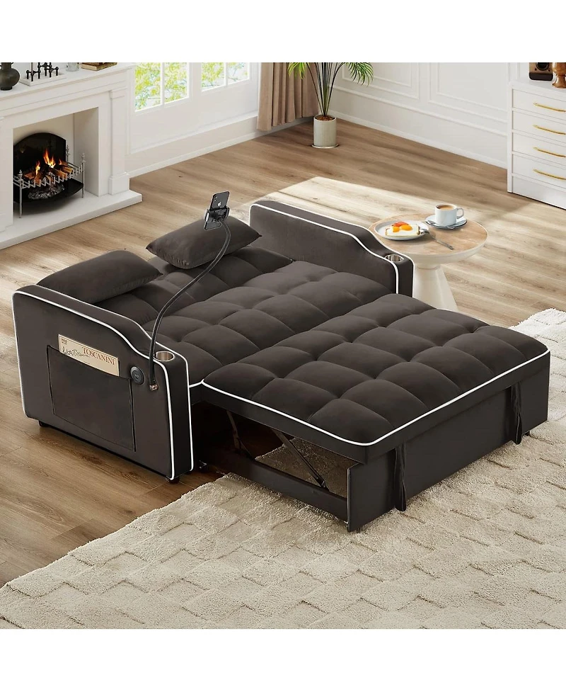 Maison Boucle 2-Seater Sofa Bed with Pull Out Sleeper, Usb & Type-c Charging, Adjustable Backrest, Modern Velvet Loveseat for Small Spaces