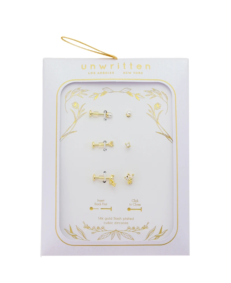 Unwritten Trio Cubic Zirconia and Mother of Pearl Flat Back Earrings Set