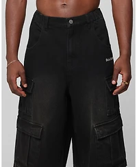 mnml Men's Loiter 3 Quarter Denim Cargo Pants with Embroidered Star Graphics