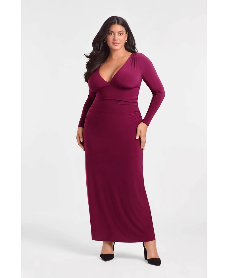 S3 Apparel Women's Sculpting Shapewear Shirred V-Neck Long Sleeve Solid Maxi Dress - Cherry Mocha