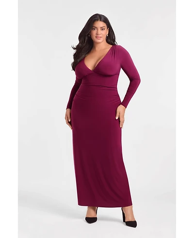 S3 Apparel Women's Sculpting Shapewear Shirred V-Neck Long Sleeve Solid Maxi Dress - Cherry Mocha