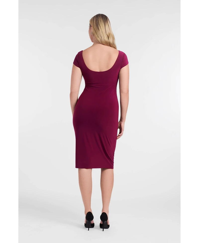 S3 Apparel Women's Sculpting Shapewear Square Neck Cap Sleeve Solid Midi Dress - Cherry Mocha