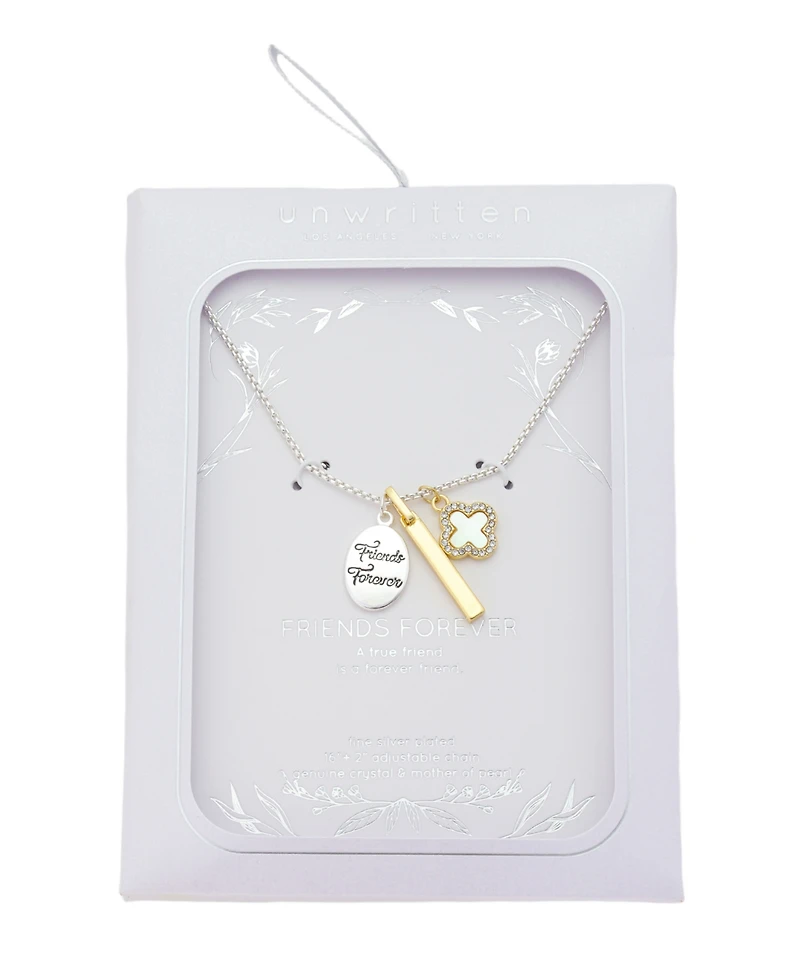Unwritten Two Tone "Friends Forever" Plain Bar Mother Of Pearl Inlay W/Crystal Clover Necklace with Extender