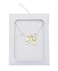 Unwritten Two Tone "Friends Forever" Plain Bar Mother Of Pearl Inlay W/Crystal Clover Necklace with Extender