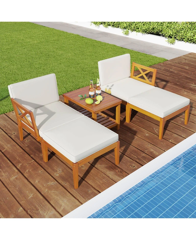 Costway 5 Pcs Acacia Wood Patio Chaise Lounge Chair Set with 2-Tier Coffee Table Cushions