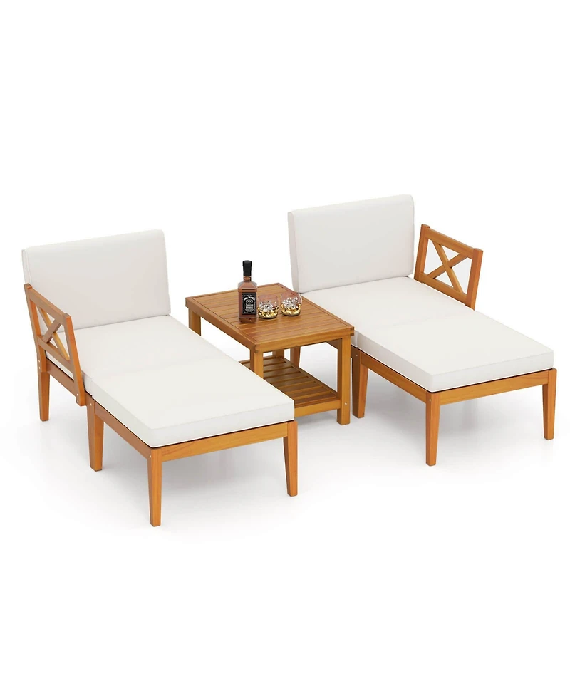Costway 5 Pcs Acacia Wood Patio Chaise Lounge Chair Set with 2-Tier Coffee Table Cushions