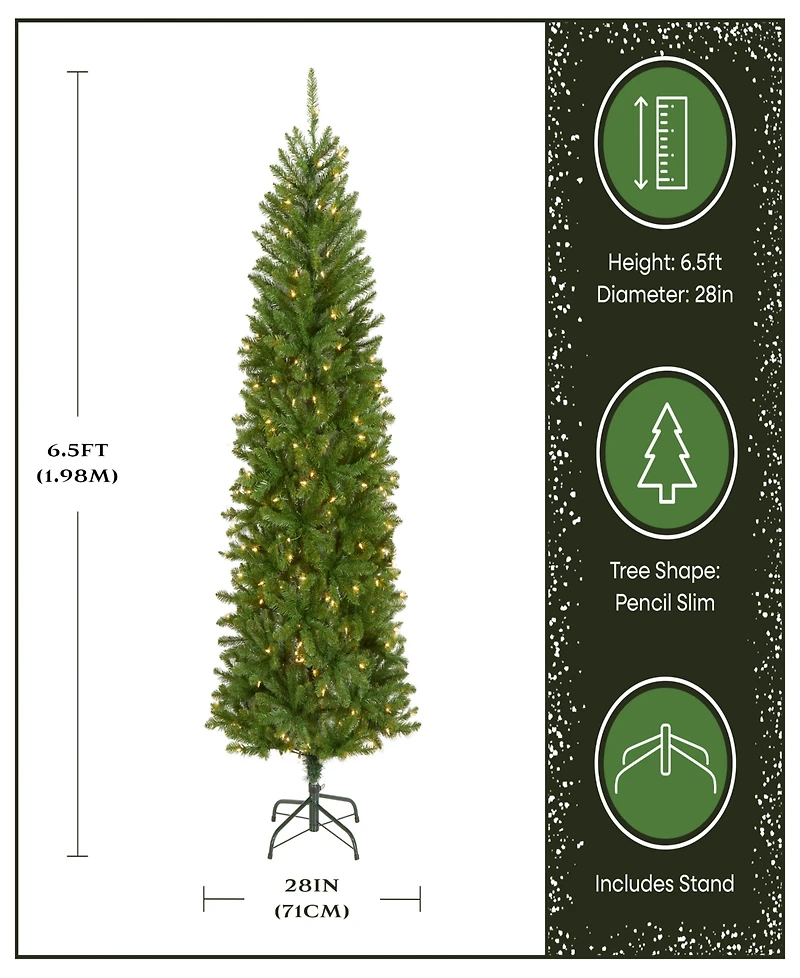 National Tree 6.5' Kingswood Fir Hinged Pencil Tree with 250 Clear Lights