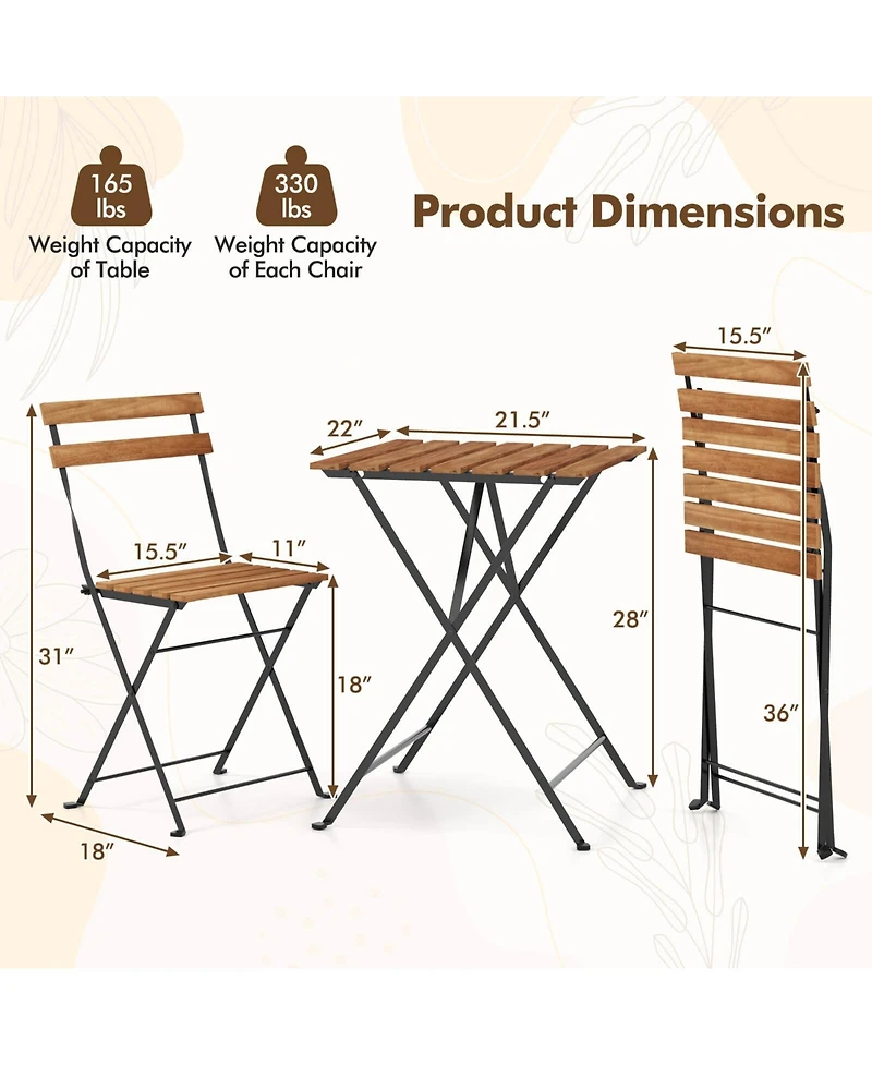 Costway 3 Pcs Patio Acacia Wood Bistro Set Table with 2 Folding Chairs Slatted Seat