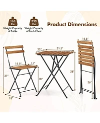Costway 3 Pcs Patio Acacia Wood Bistro Set Table with 2 Folding Chairs Slatted Seat