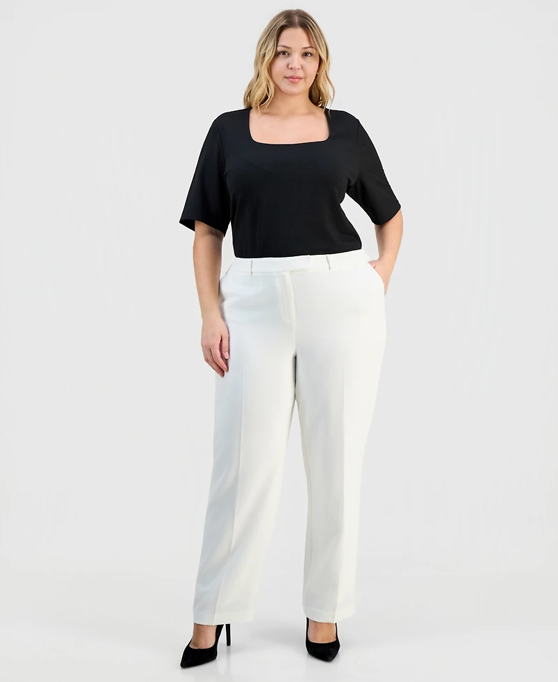 Kasper Plus Stretch Crepe Press-Pleat Straight-Leg Pants