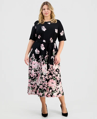Kasper Plus Floral-Print Round-Neck Tie-Belt Waist