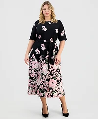 Kasper Plus Floral-Print Round-Neck Tie-Belt Waist