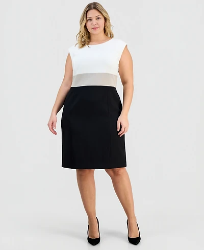 Kasper Plus Round-Neck Colorblocked Crepe Sheath Dress