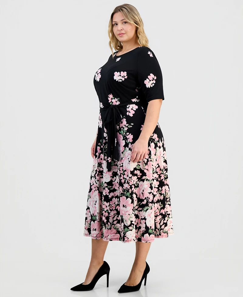 Kasper Plus Floral-Print Round-Neck Tie-Belt Waist