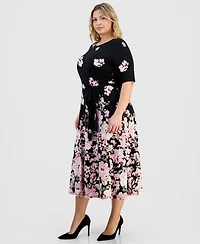 Kasper Plus Floral-Print Round-Neck Tie-Belt Waist