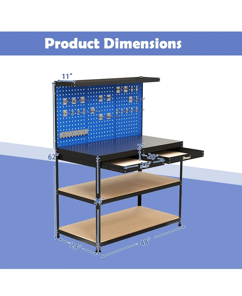 48 x 24 Inch Workbench Work Table with 3 PCs Pegboard Drawer and Shelves-Navy