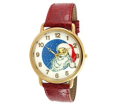 Peugeot Unisex Quartz Novelty Santa Claus Watch, Red Leather Strap, 34mm Round Case