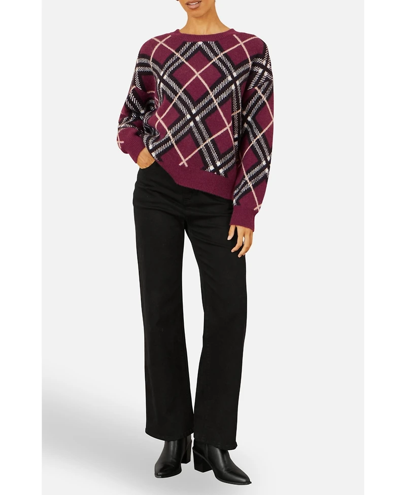 Yumi Women's Argyle Check Relaxed Sweater