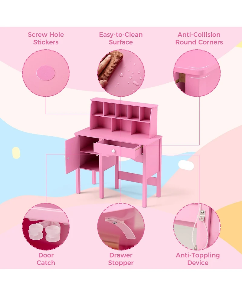 Gymax Kids Study Desk & Chair Set Children Wooden Craft Table w/ Hutch