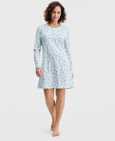Charter Club Women's Cotton Printed Long Sleeve Henley Sleepshirt