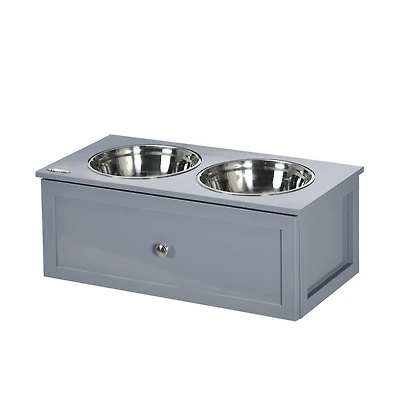Aostirmotor 23.6 x 11.8 x 9.4 Gray Elevated Dog Bowls Raised Bowl Stand Storage 2 Stainless Steel Bowls