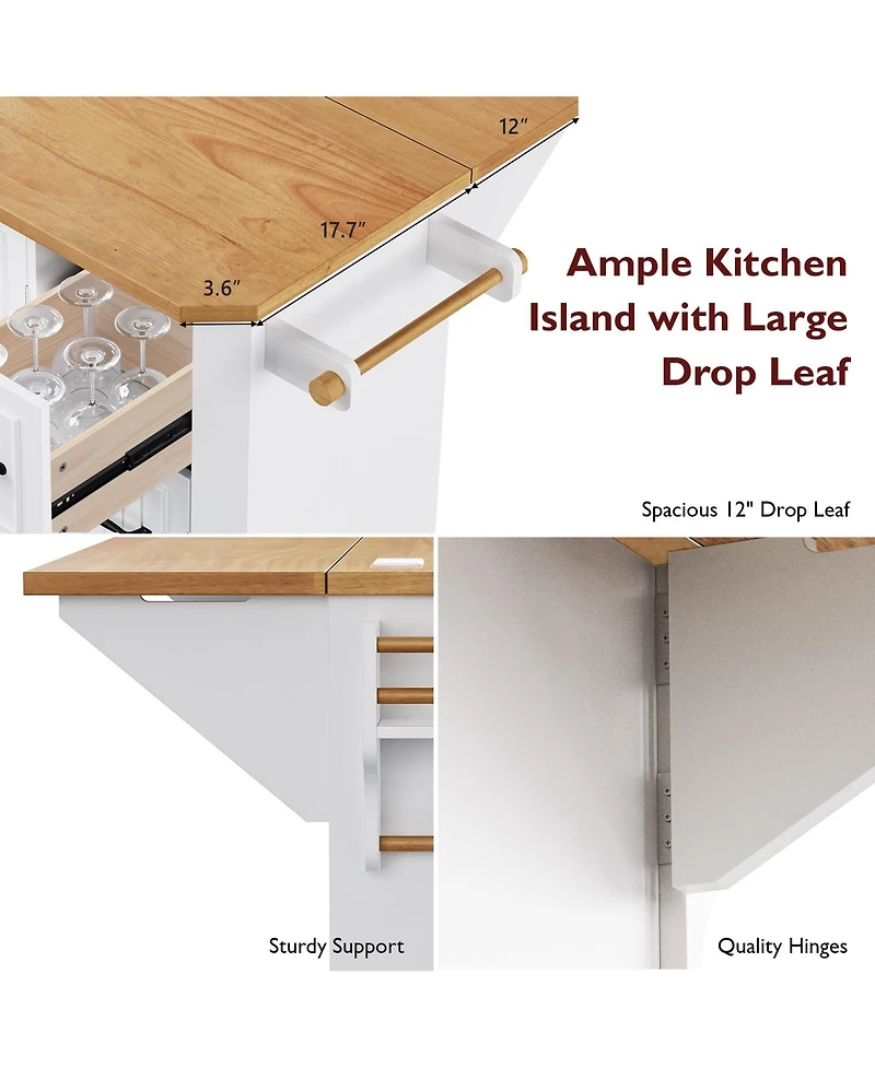 Casainc 56" Kitchen Island Cart, Drop Leaf, Power Outlet, 4 Shelves, 6 Drawers, Rubber Wood Veneer, Rolling for Dining Room