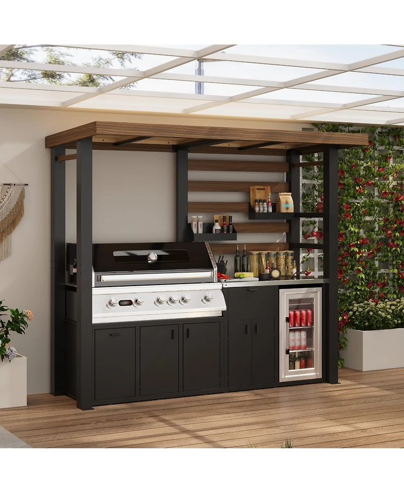 Homsee 8x5 Ft Galvanized Steel Frame Stainless Steel Tabletop Cedar Roof Outdoor Bar