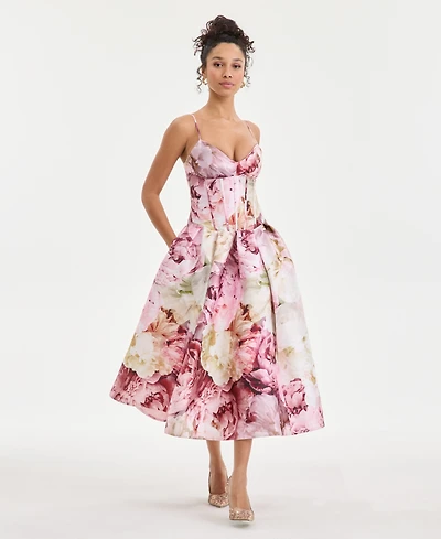 Katia Rae Juniors' Floral Print Corset Sleeveless Midi Dress