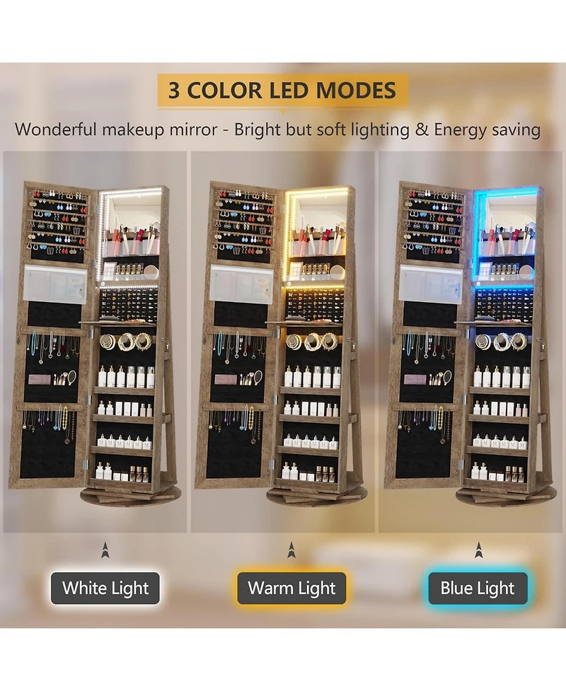 Vlsrka 360° Swivel Jewelry Full-Length Mirror Cabinet with Lights