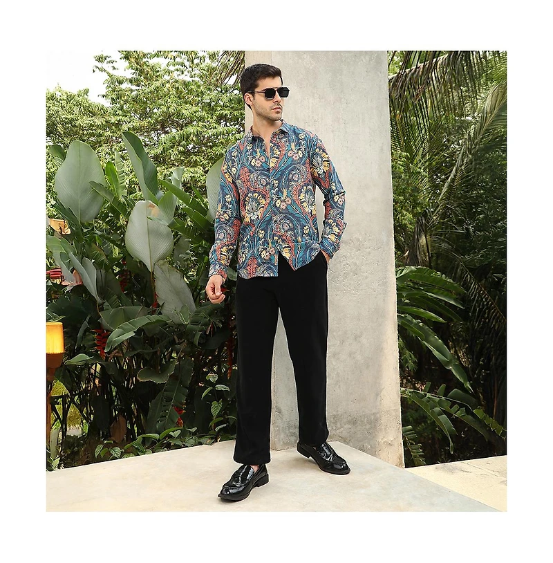 Campus Sutra Men's Aegean Blue Floral-Opulance Shirt