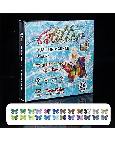 Htutwoo 24 Colors Glitter Brush Markers, Double-Ended Two-Color Marker Pens for Doodle, Writing, Diy Crafts Greeting, Birthday Cards Making
