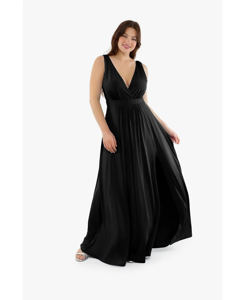 Popilush Women's Shapewear Deep V-Neck Front Slit Goddess Maxi Dress