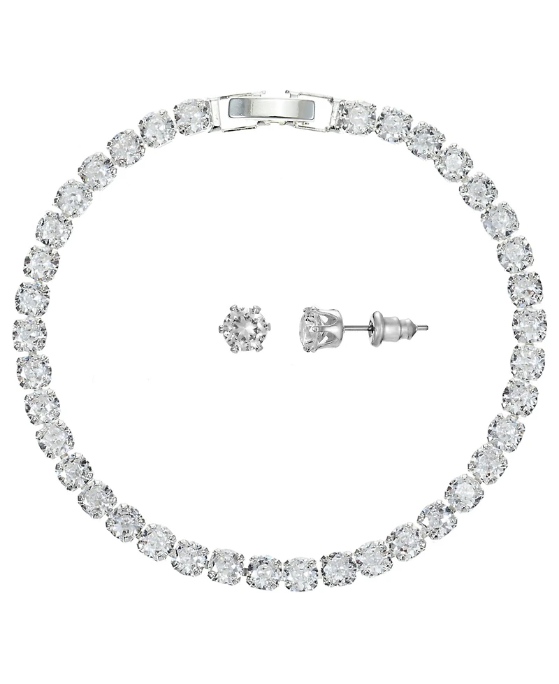 Giani Bernini Silver-Tone Cubic Zirconia Tennis Bracelet and Stud Earrings Set